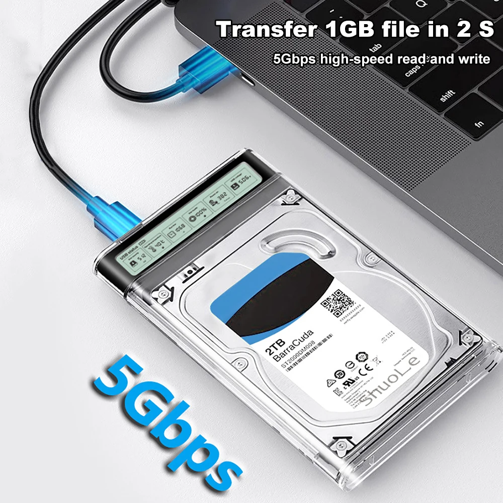 Smart Display HDD Case 2.5 Inch Transparent HDD Enclosure USB3.2 Gen2 External HDD Shell SATA HDD SSD Storage Case for Laptop PC
