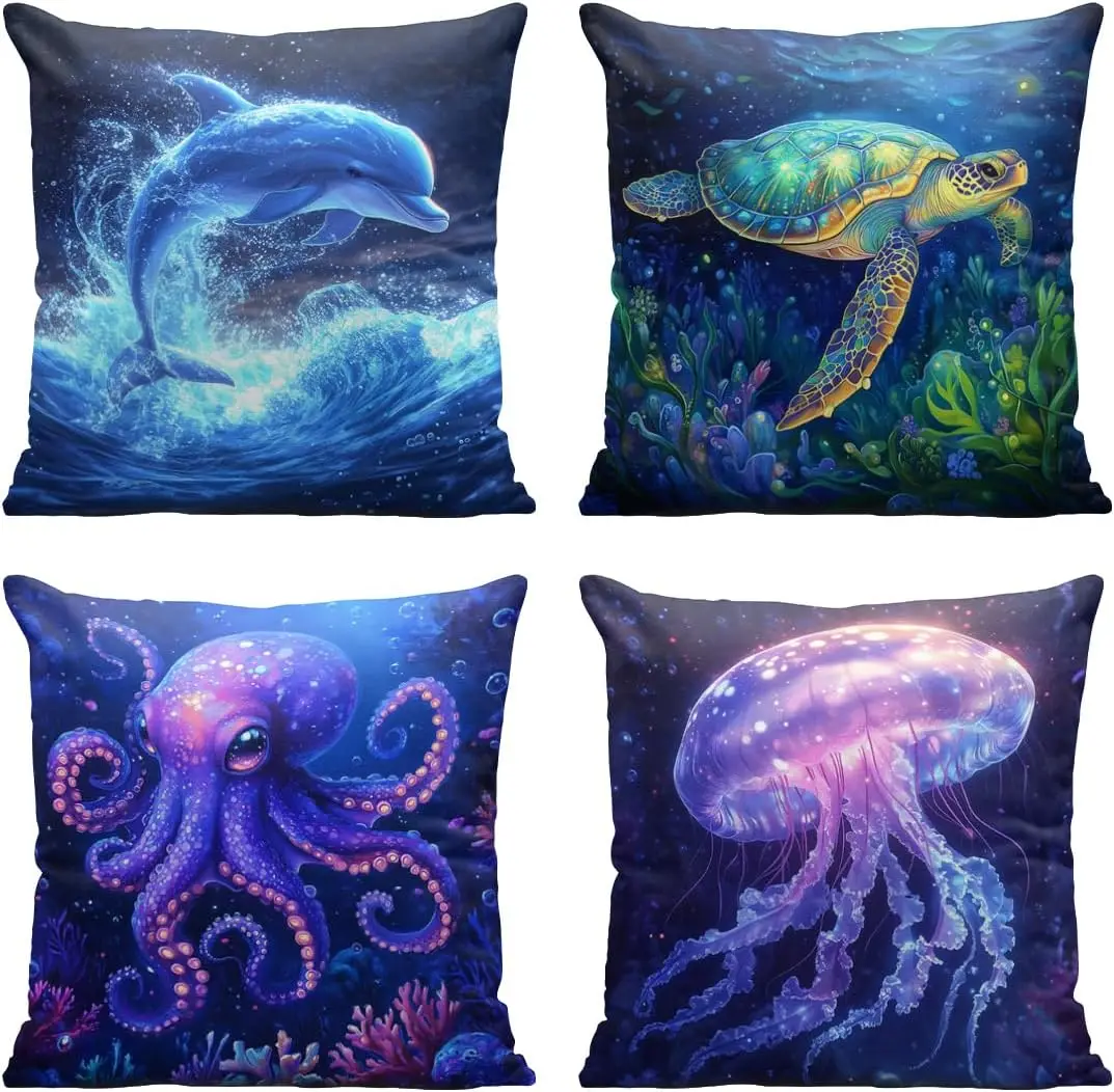 4PCS Ocean Theme Throw Pillow Covers Set Marine Animal Decor Cushion Home Accent Artwork Pillow Collection Gift