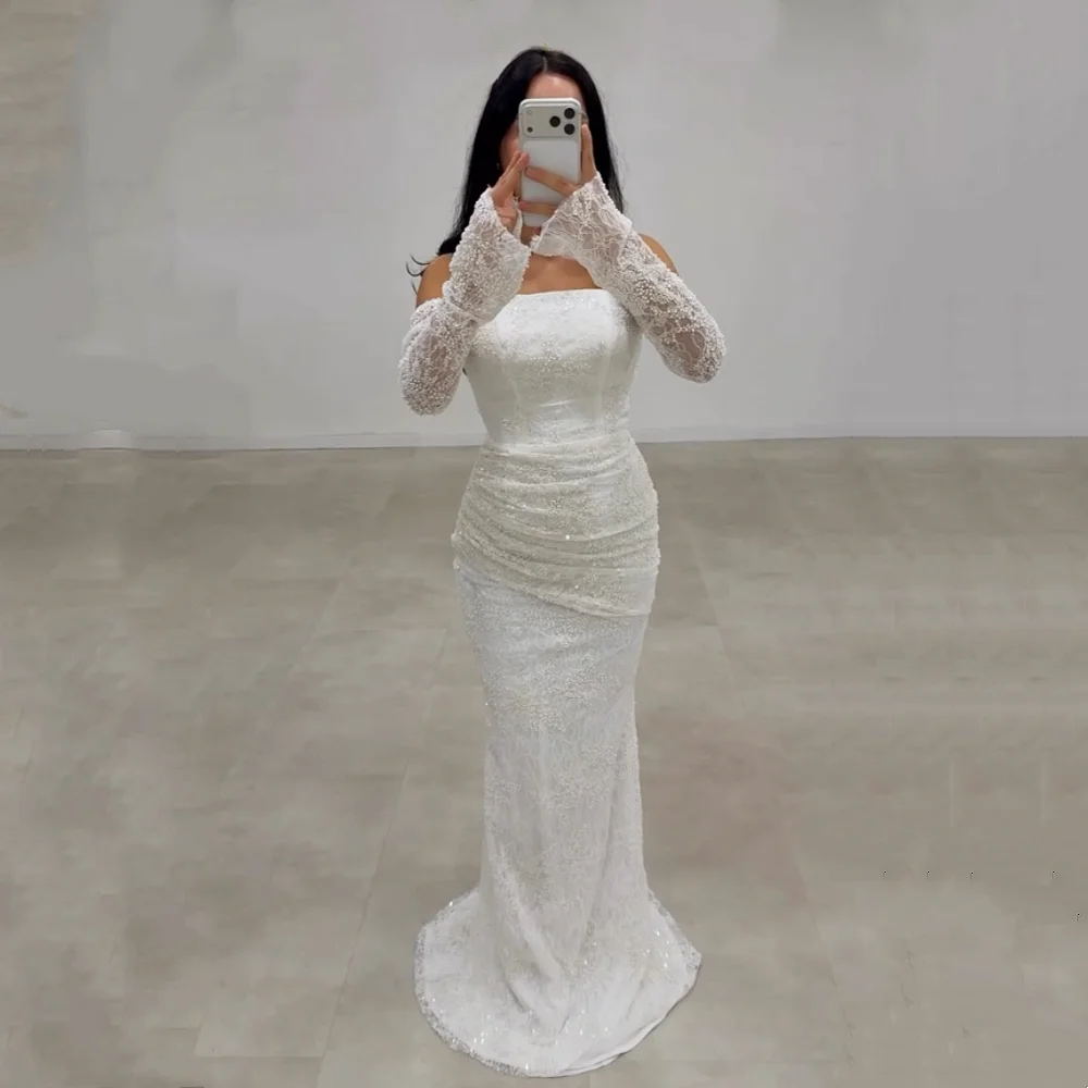 Maßgeschneiderte, exquisite Abendkleider für Damen, schulterfreie, lange Trompetenkleider, Hochzeitskleid für Bankette, luxuriös