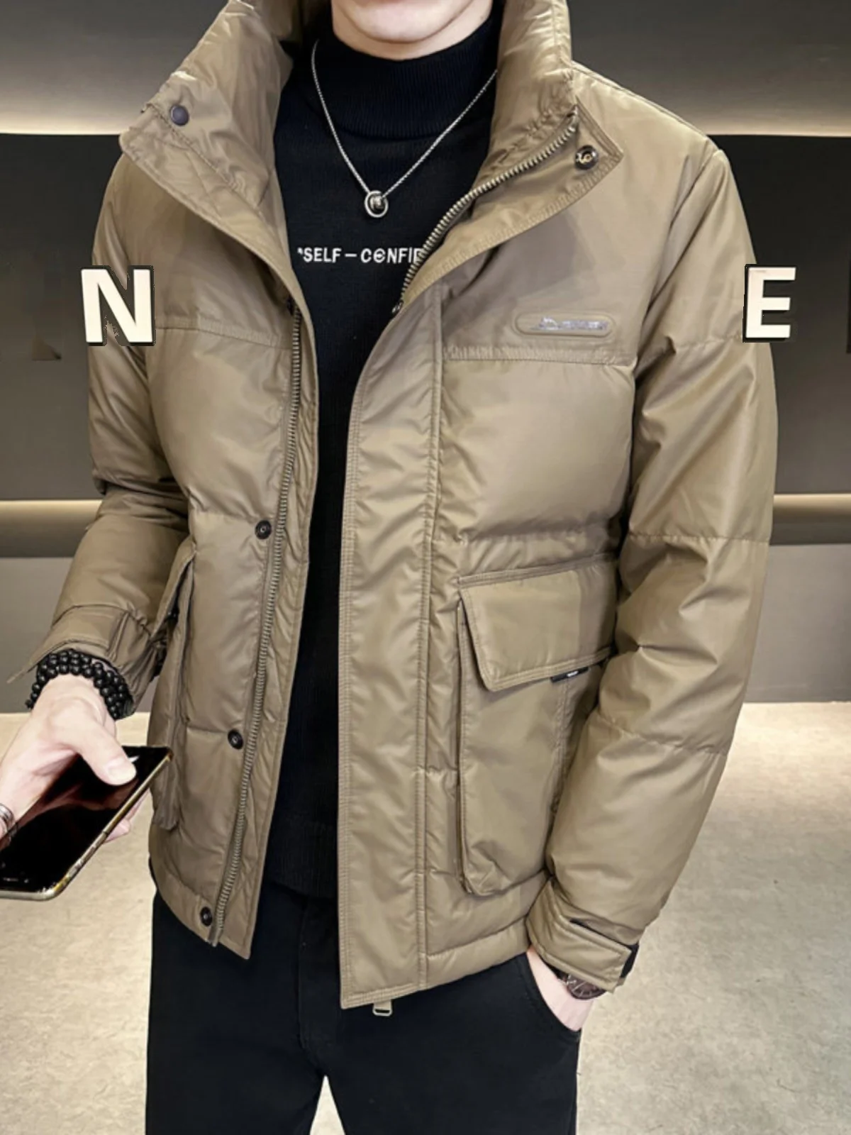 

Winter New Men's Leather down Jaet Stand Collar Casual Warmth Outerwear Thiened Polyester Fiber White Du down Filling