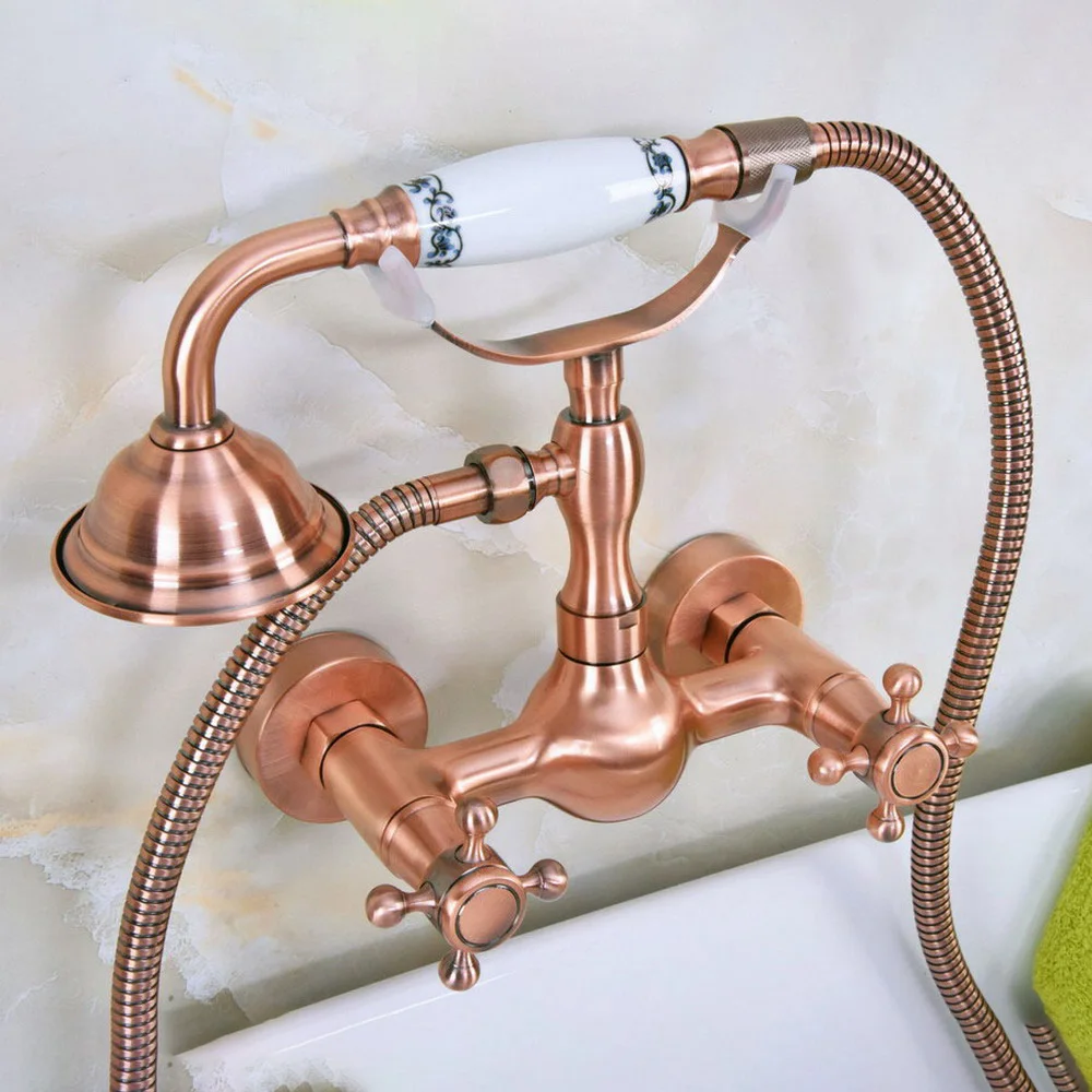 

Antique Red Copper Wall Mount Bathtub Faucet with Handheld Shower Set +1.5M Hose Mixer Tap 2na336