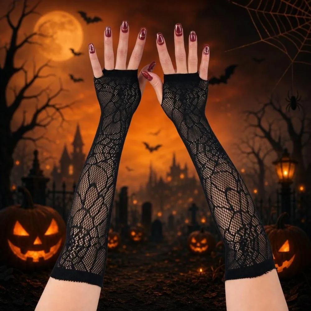 Star Fishnet Long Mesh Gloves Performance Dance Black Half-Finger Lace Mittens Arm Sleeves Hollow-Out Fingeless Gloves - view 3