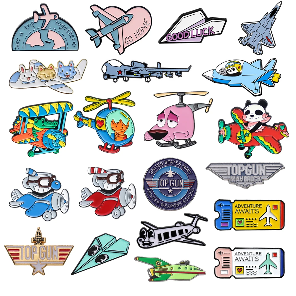 Cartoon Airplane Enamel Brooch Lapel Pins Paper Airplane Dog Panda Travel Pilot Ticket Metal Badge Jewelry Gift For Friends Kids