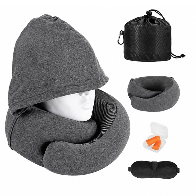 ABXN-Pro Hooded Travel Pillow-Memory Foam Neck Support For Airplane, Flight-Super Soft Pure Cotton Fabric Maximum
