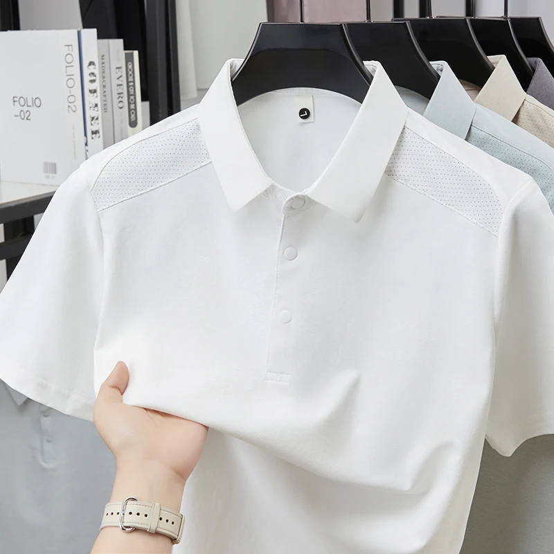 Herren Poloshirt mit Reverskragen, Kurzarm, Weicher Knitterfreier Stoff, Perforierte Schultern, Lässiges Business-Alltags-Sommeroutfit – Detail 15