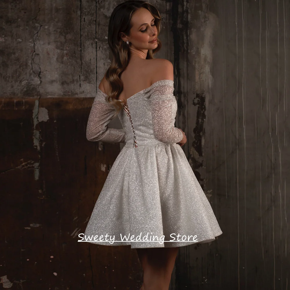 Glitter Wedding Dress Short Bridal Gown Customized Boat Neck Long Sleeves Country Civil Bride Dresses Robe De Mariage