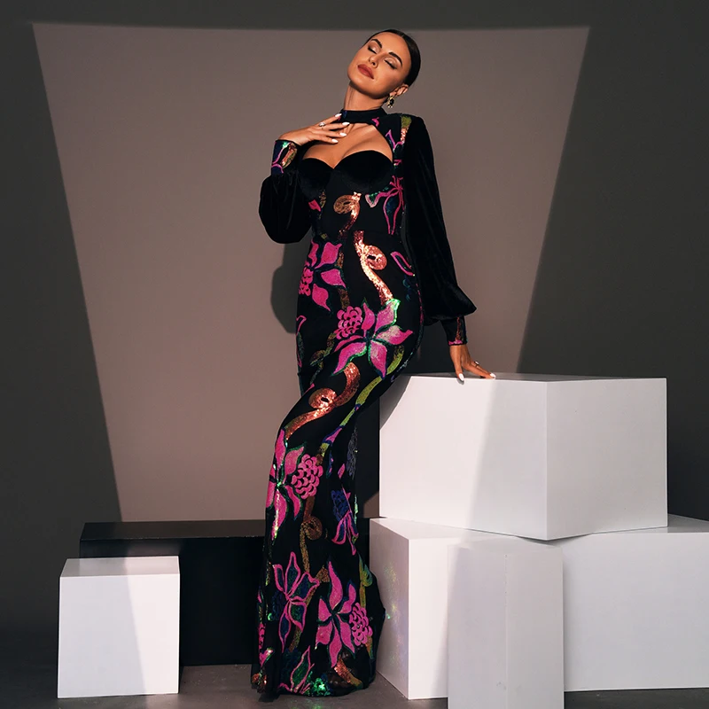 فستان نسائي أنيق بأكمام فانوس فستان طويل ، زهرة مقطوعة ، مطرز ، الكوكتيل للسيدات ، حفلة موسيقية ، حفلة مسائية ، طويلة ، جديدة ،