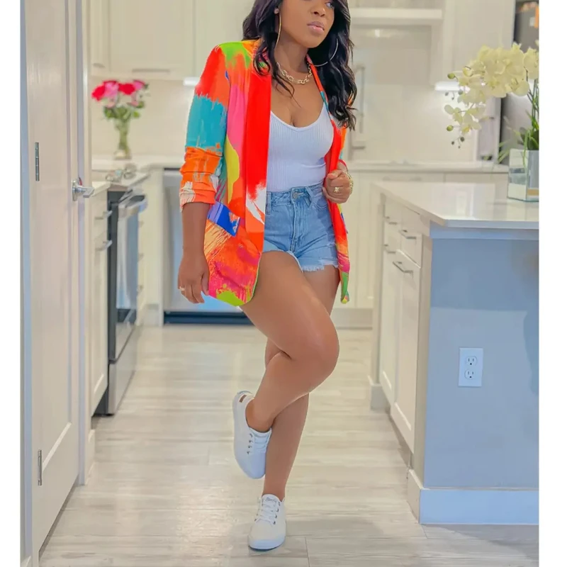 

Elegant Women Graffiti Tie Dye Printed Long Sleeve Blazer Fashion Street INS Chic Office Lady Female Blazers K2805