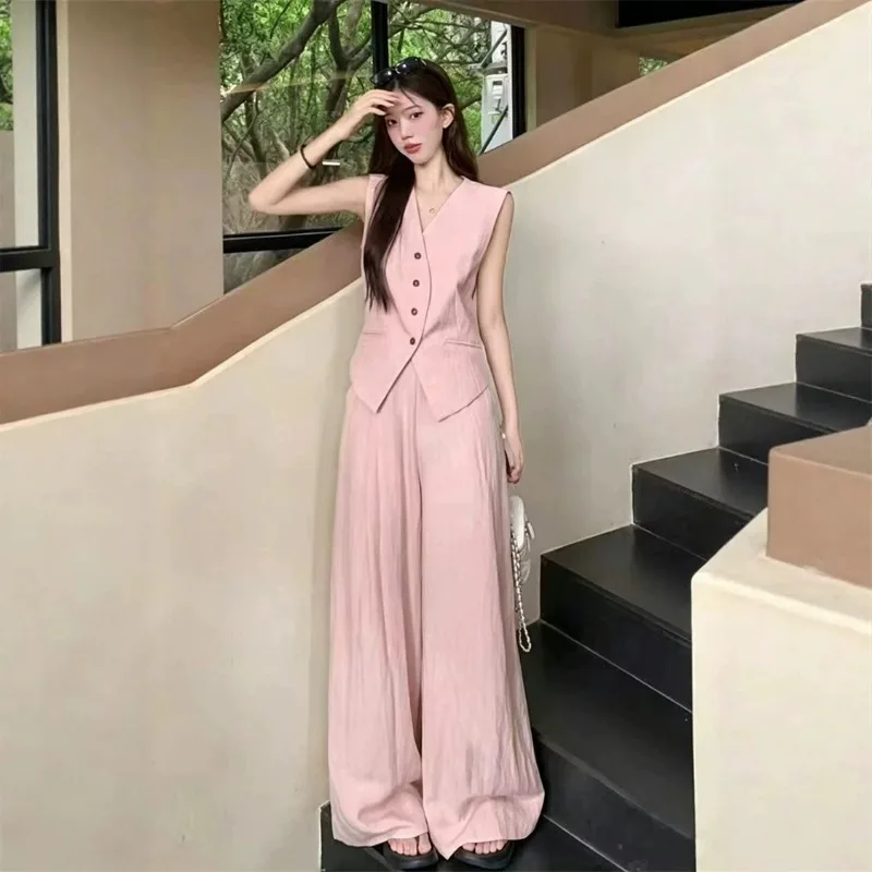 2026 Two-piece Suit Women's Casual Sports Sets Spring Summer Sleeveless Jacket Short Vests Wide-leg Trousers Loose 2-piece Sets