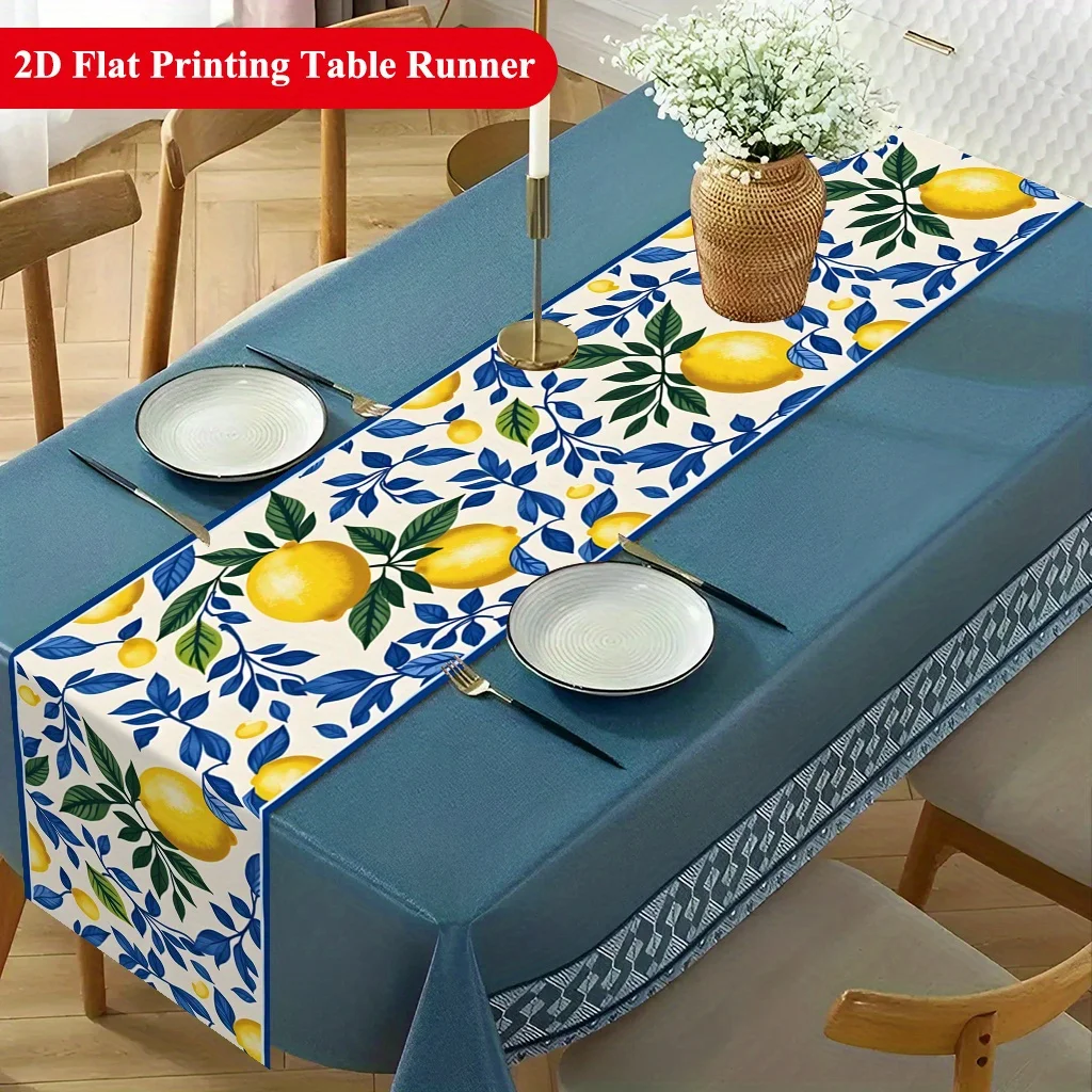 2D‑Printed Lemon And Blue Leaves Table Runner, Decor for Dining Table, Coffee‑Table, Gatherings, Indoor‑Outdoor Parties