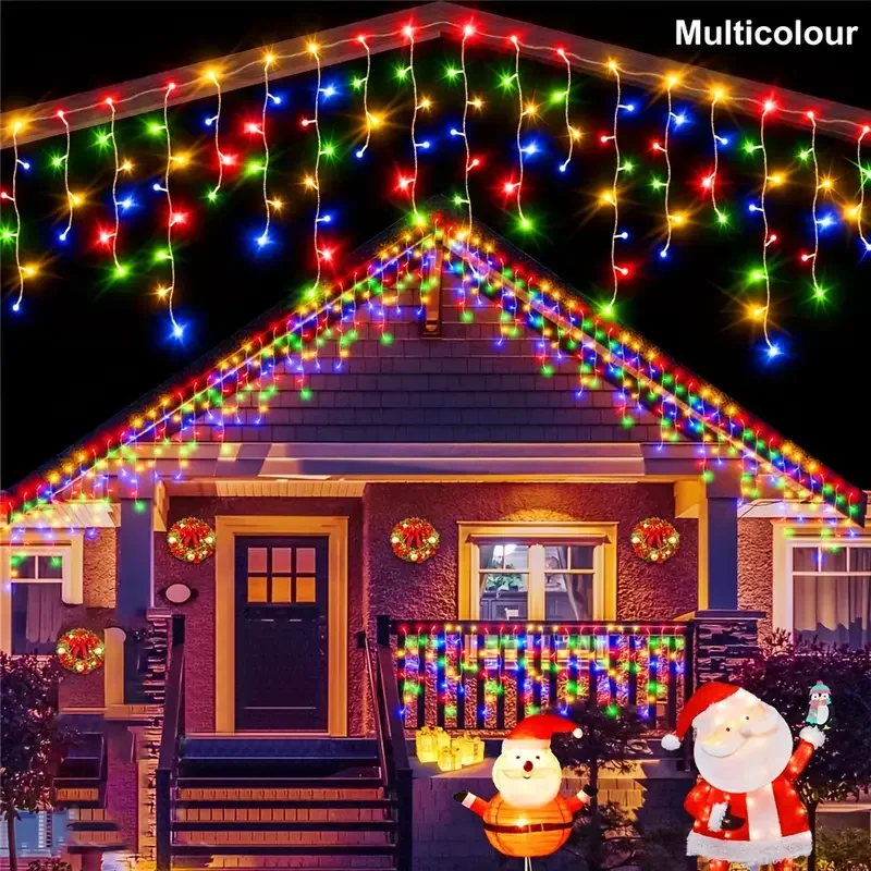 4m Solar Icicle Curtain Lights Christmas Fairy String Light Outdoor Waterproof Decoration Light for Holiday Wedding Party Garden