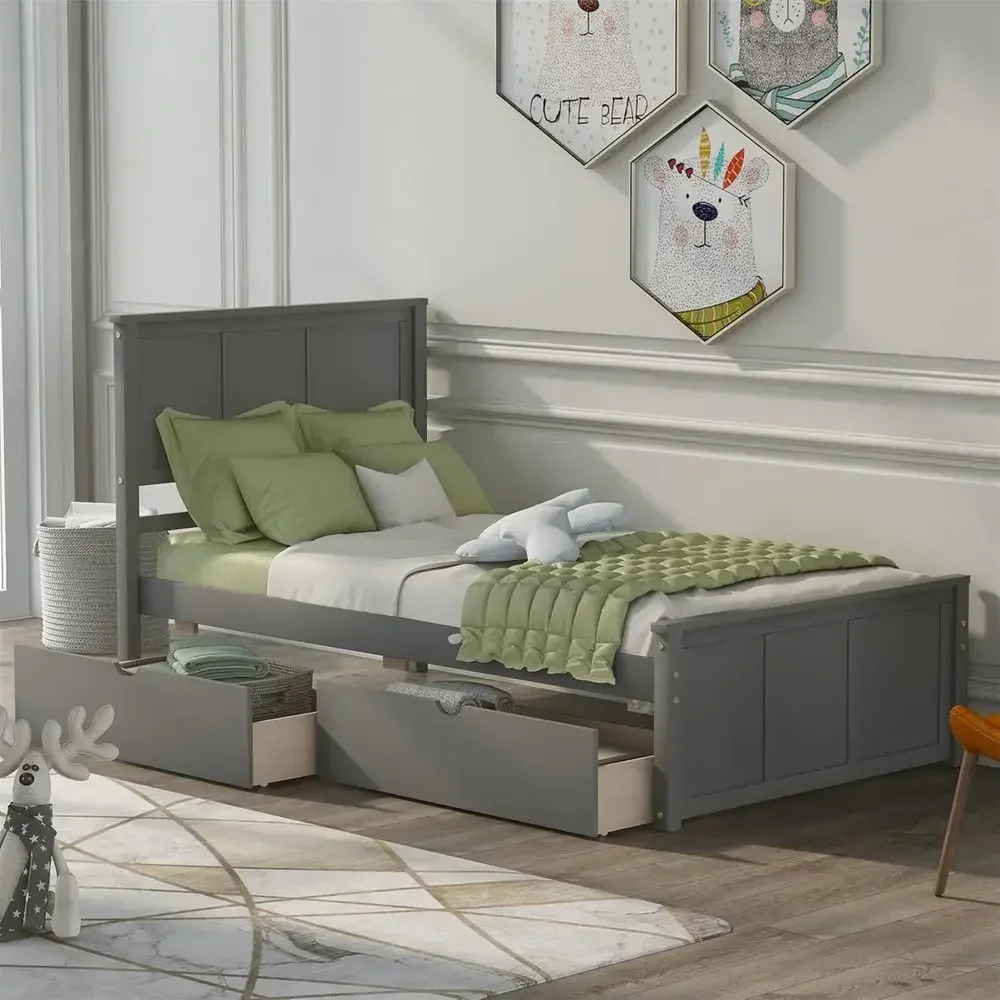 

Twin Bed with Desk and Storage, Solid Wood, No Box Spring Needed, Grey