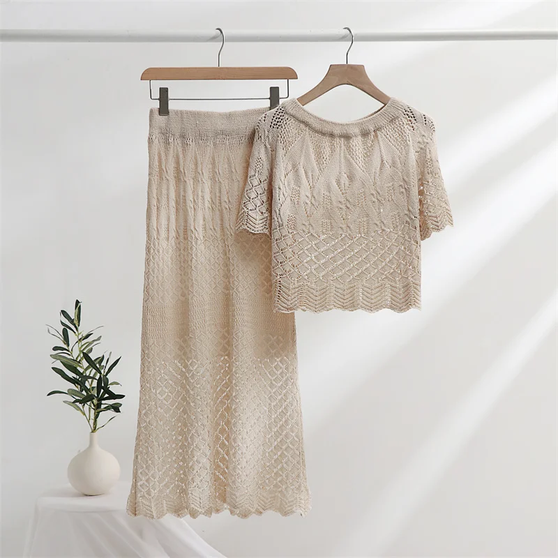 Elegant Summer Two Piece Skirt Set Women White Short Sleeve Knit Skirt 2 Piece Set Casual Knitted Two Piece Set For Women 2024