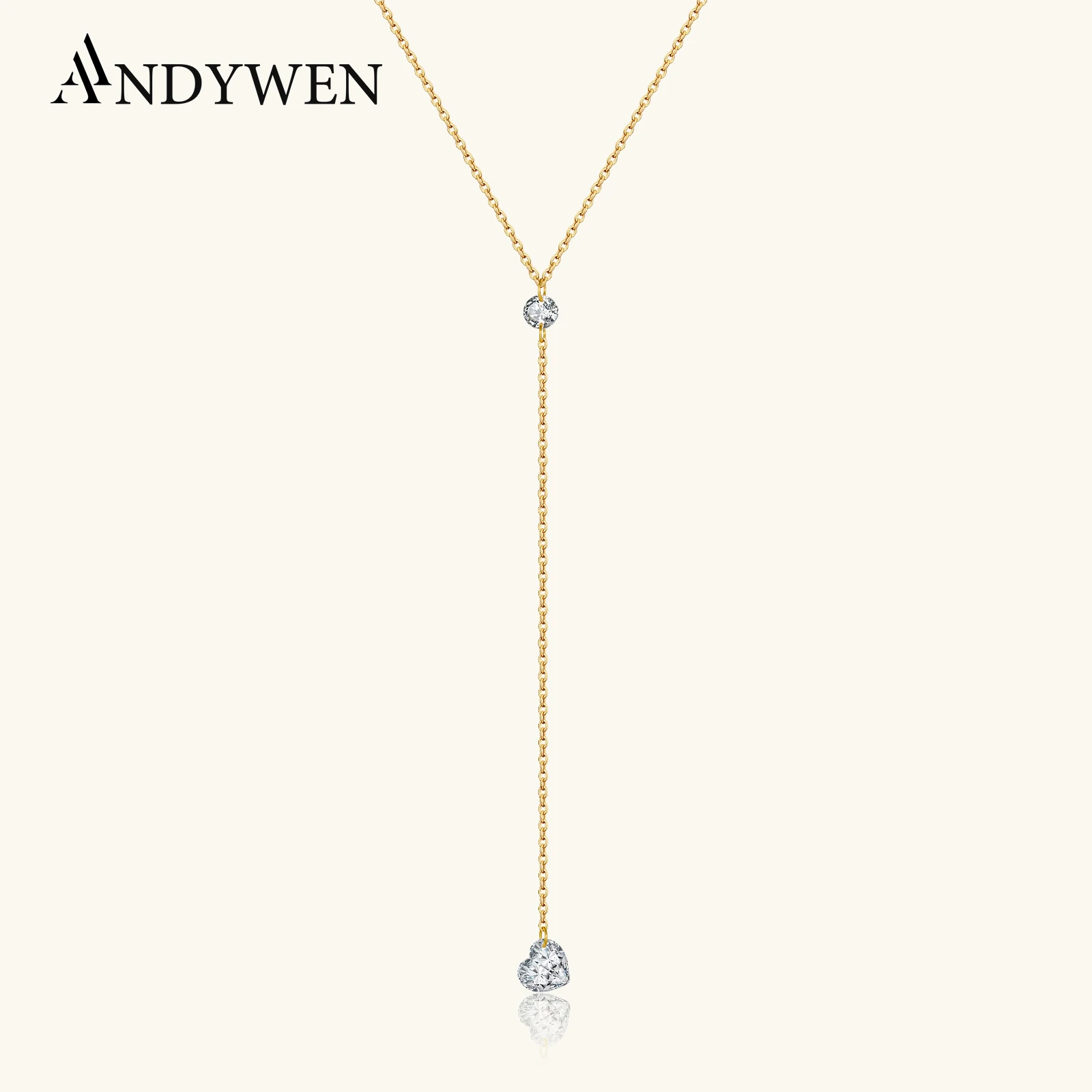 

ANDYWEN New 925 Sterling Silver Y-Shaped Heart CZ Zircon Necklace Luxury Long Chain Shiny Fashion Women Party Jewelry Gift