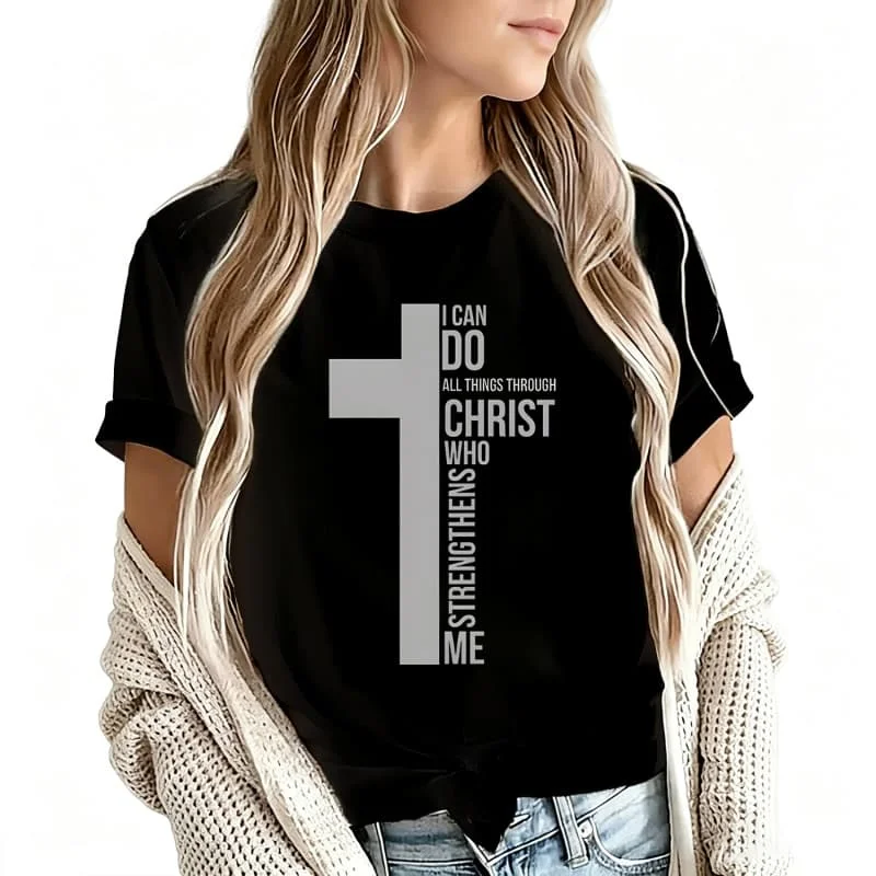 I Can Do All Things through Christ Women's T-Shirt 100% Cotton Funny Graphic Short Sleeve Tee Novelty Shirt Casual Crew Neck Top S-5Xl