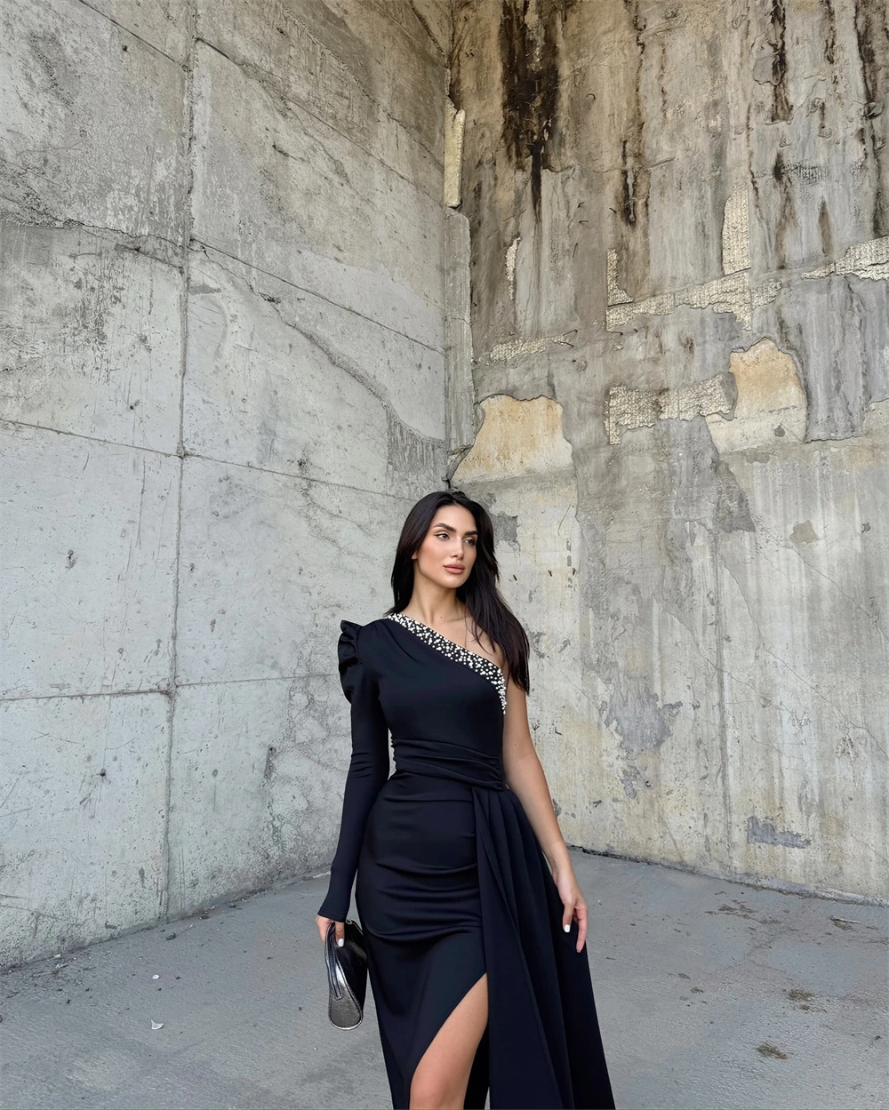 CustomizedCustomized Graceful Black Jersey Evening Dress Forma Boat Neck One Shoulder Long Sleeves Party Dress Modern Celebrity  image 2