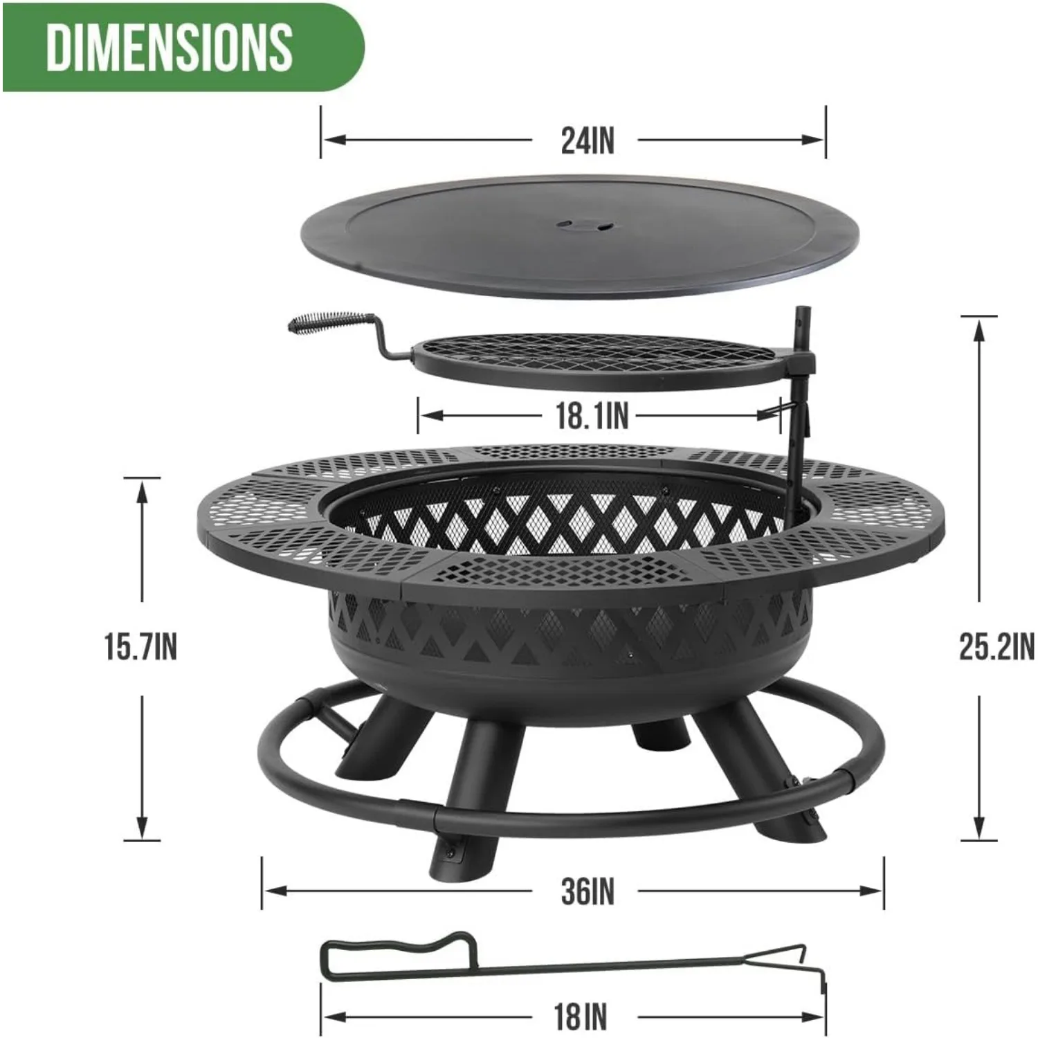 36 inch vuurplaats met grill, houtgestookte vuurkorven voor buiten ronde metalen vuurplaatstafel 3 in 1 met kookrooster zwart