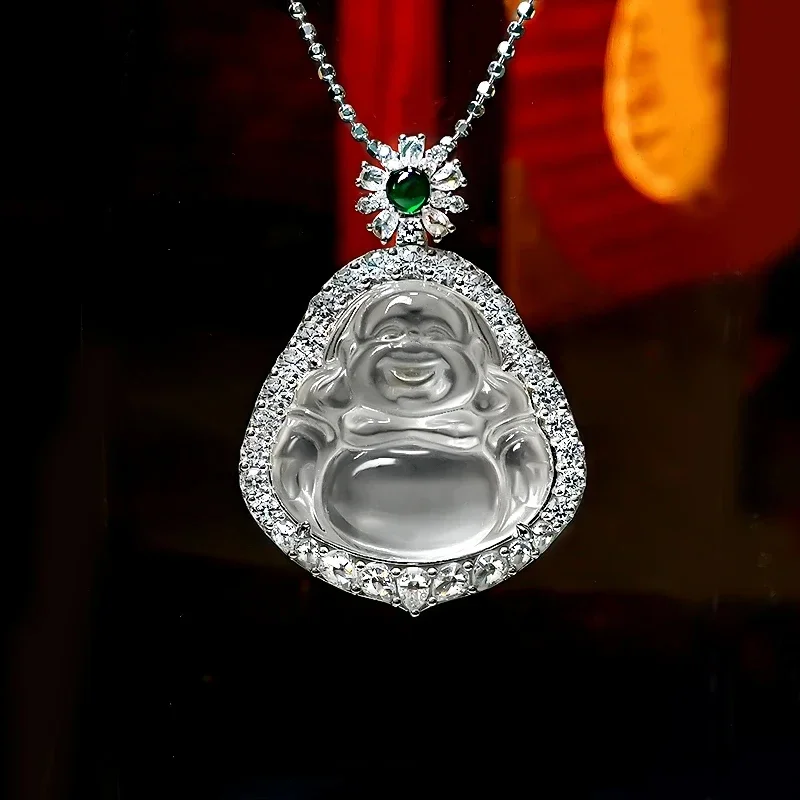 

New 925 Silver Buddha Pendant with Water Foam Jade, New Chinese Style Quartz Rock Jade, Pure Silver Jade Necklace, Jewelry