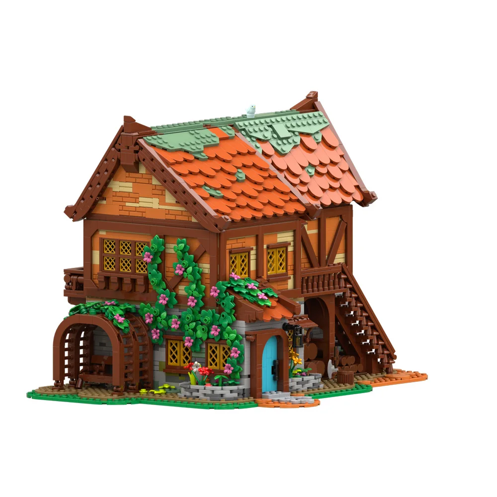 MOC Medieval Joiner's Workshop Model Building Blocks Village B&B Garden Courtyard House Modular Architecture Brick Toy Gift