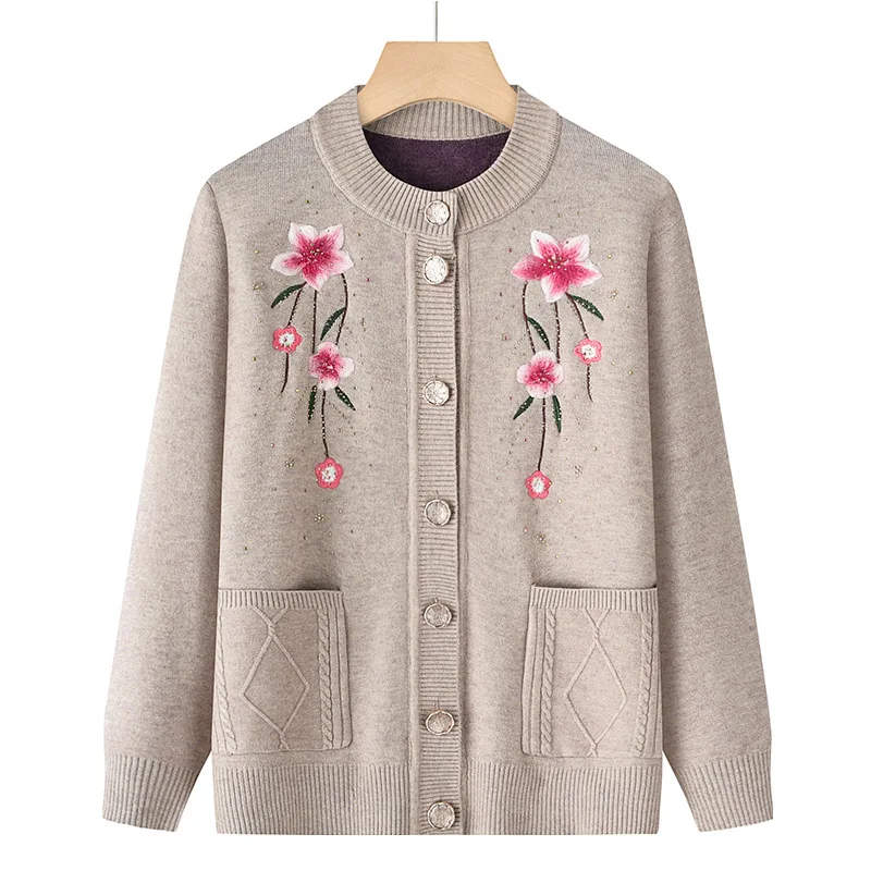 Cárdigan de lana de una pieza para mujer, suéter, chaqueta de mediana edad, ropa cálida bordada para madre, suéter de punto con cuello redondo, Tops de invierno