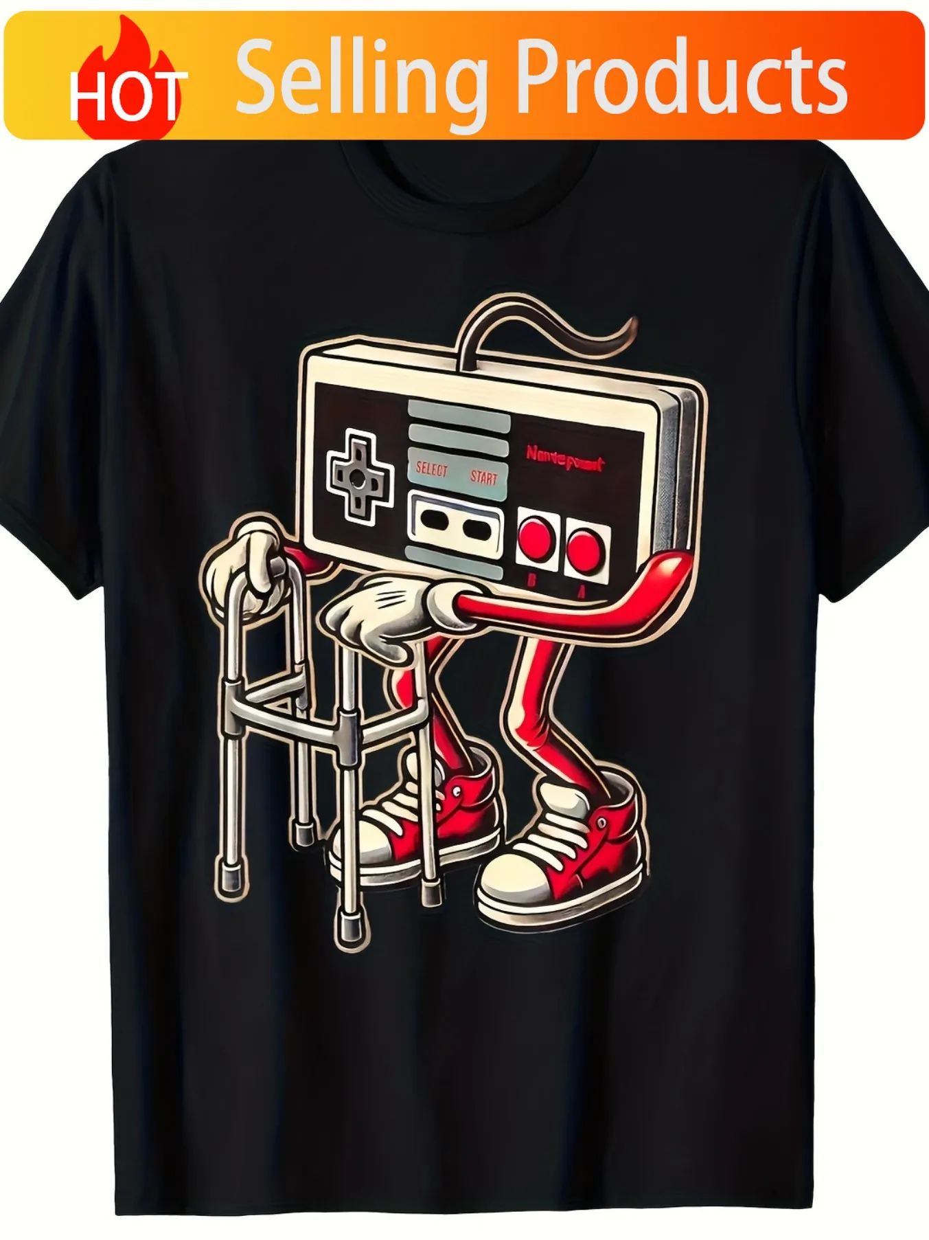 Men's and Boys Vintage Game Pattern T-Shirt-Fun Old Video Game Design Black Casual T-Shirt with Sneakers and Cable Details Local