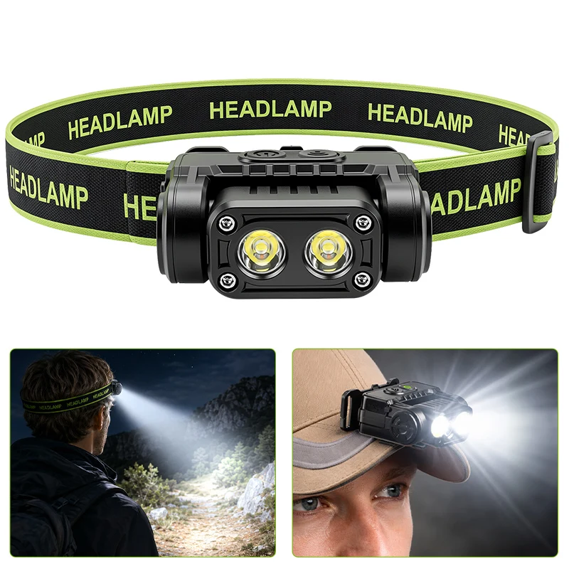 8W 2LED Cap Clip Headlamp Motion Sensor Fishing Head Torch Light 14500 USB Rechargeable Riding Flashlight 3Modes Camping Lantern