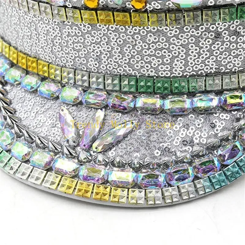 N5KB حجر الراين قبعة البحرية لسيدة زفاف العروس التألق الرقيب قبعة الجدة حفلة عيد ميلاد قبعة الكابتن قبعة للنادي الليلي #2