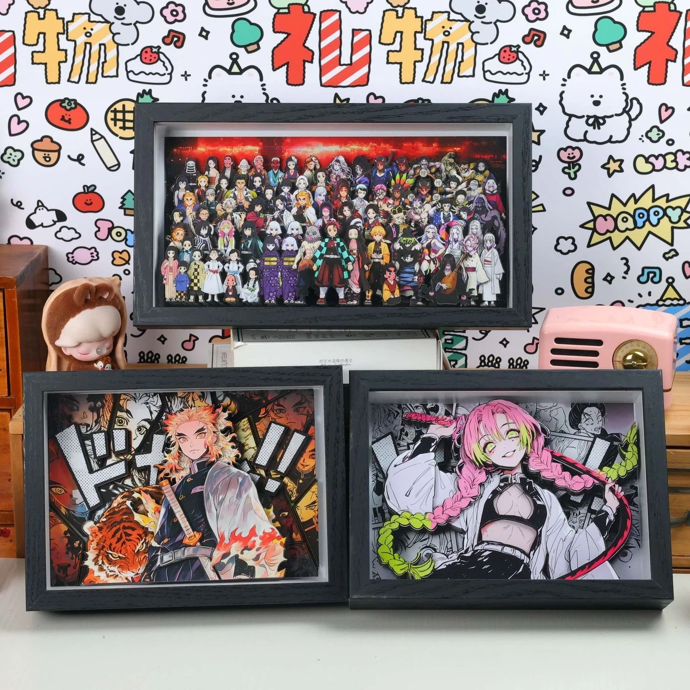 Castillo infinito Demon Slayer, pintura tallada en papel 3D, personajes de Anime Kimetsu no Yaiba, arte de pared, regalo de cumpleaños, decoración de escritorio para el hogar