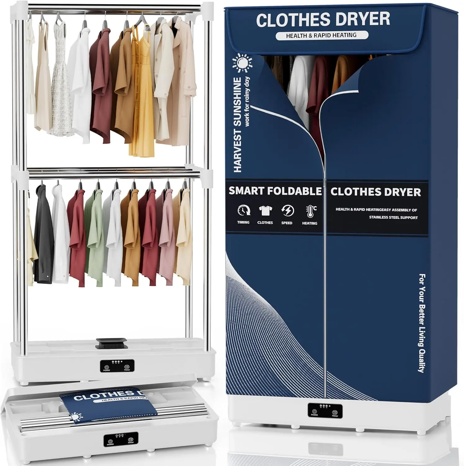 

Portable Foldable Dryer with Timer, Large Capacity Electric Laundry Rack for Home, RV, Apartment - Blue DF1