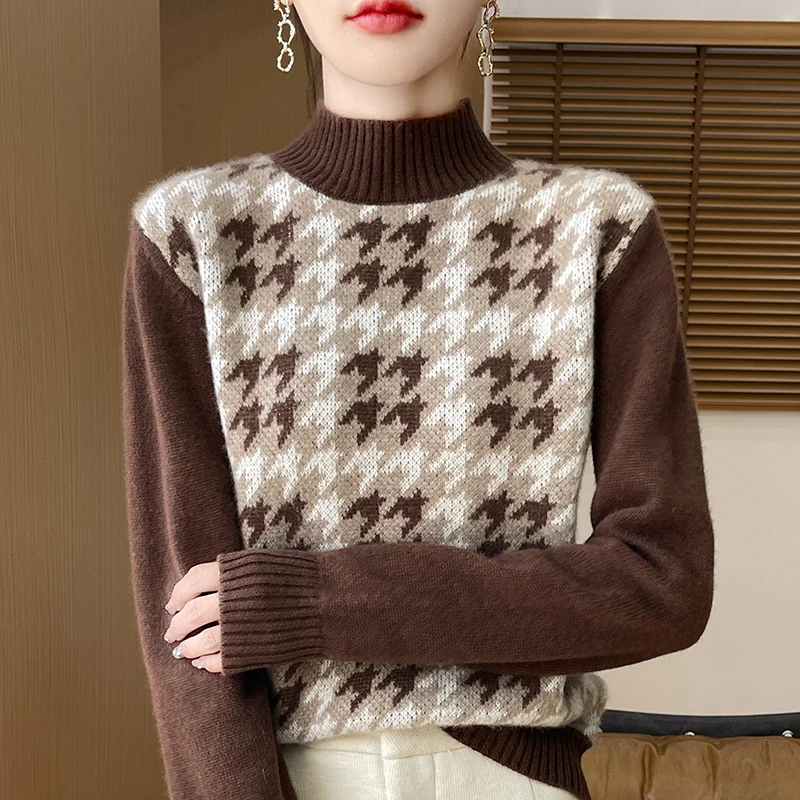 Podstawowy sweter damski z golfem, w kratę, z długim rękawem, wykonany w 100% z wełny merino, miękki, ciepły, kaszmirowy, elegancki.