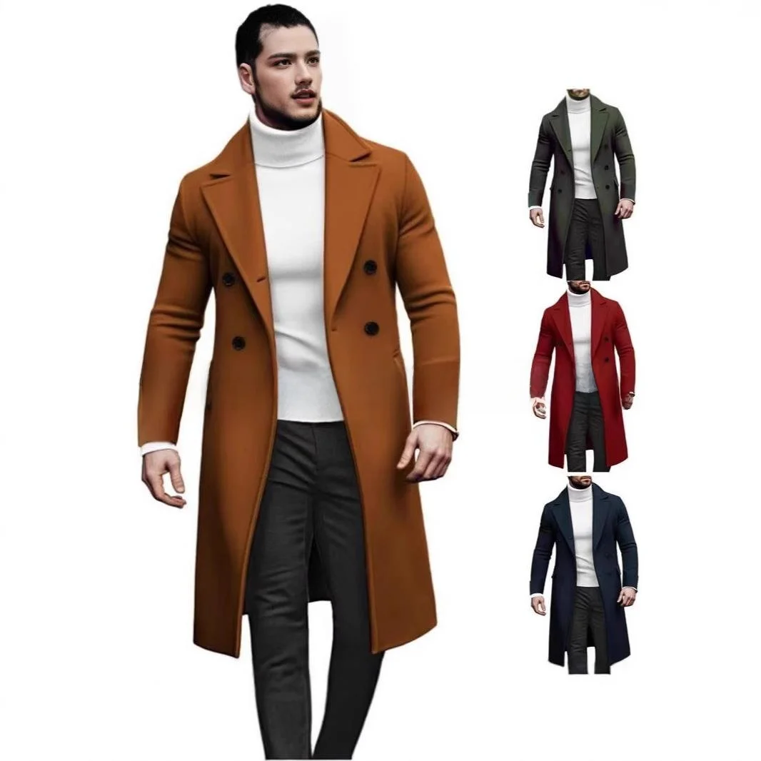 

Cross-Border Long Men's Woolen Coat Double-Breasted Jacket British Style Fashionable Urban Youth Daily Wear PU Fabric