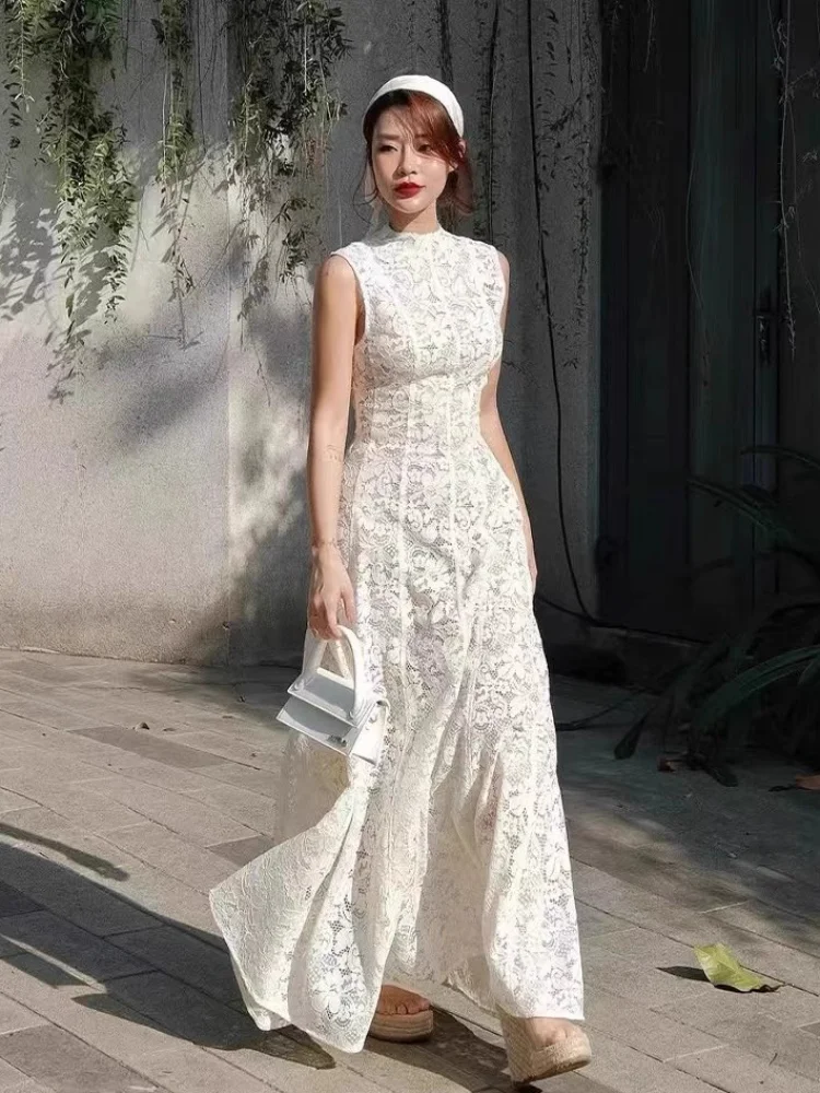 

Women Elegant Lace Sleeveless Vestidos Chic White Round Neck Slim Fit High Waist A-line Maxi Dress 2025 Summer Lady Evening Gown