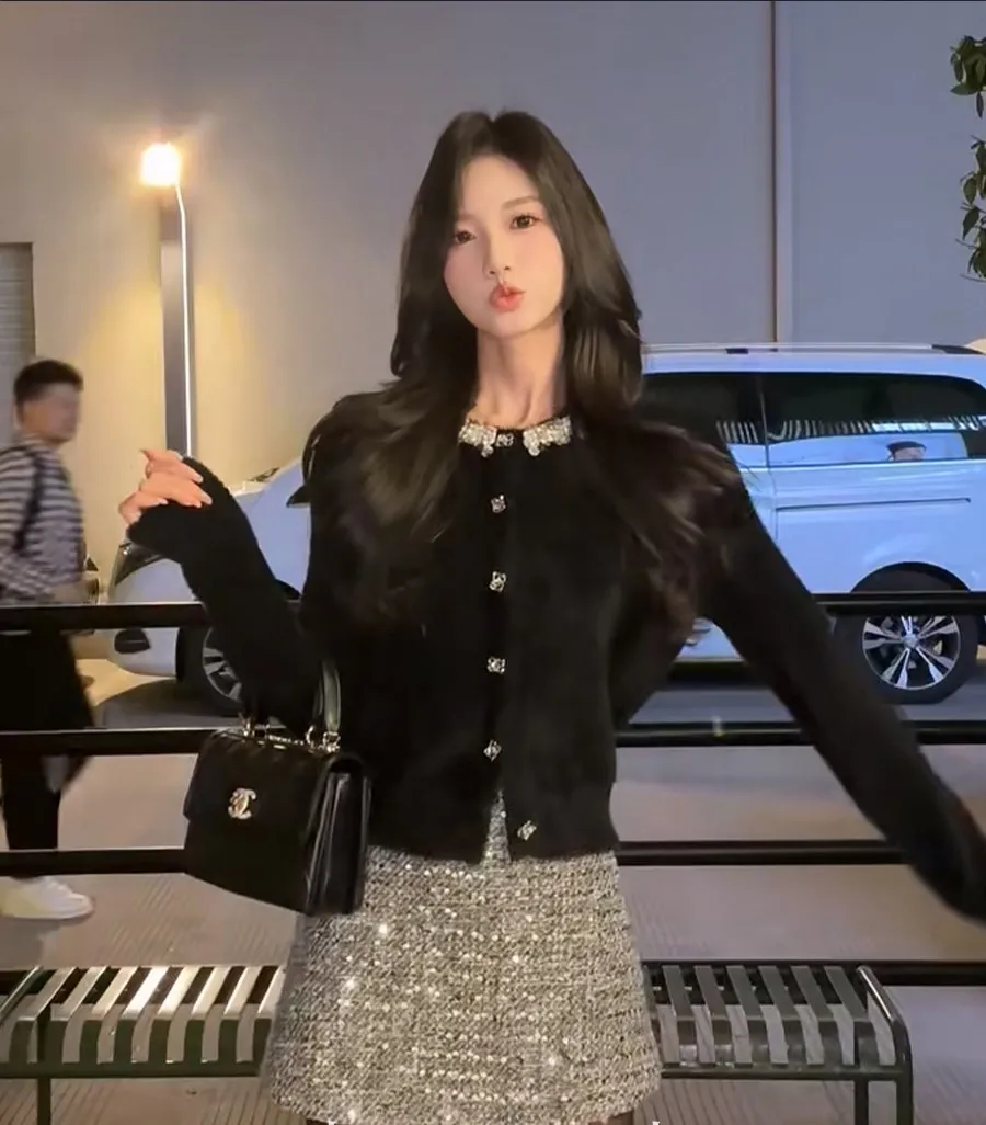 Tweed-Jacke Lila Damen Herbst Vintage Bestickte Designer-Revers Crop-Fransen Kawaii Übergroße Langarm-Harajuku-Jacke