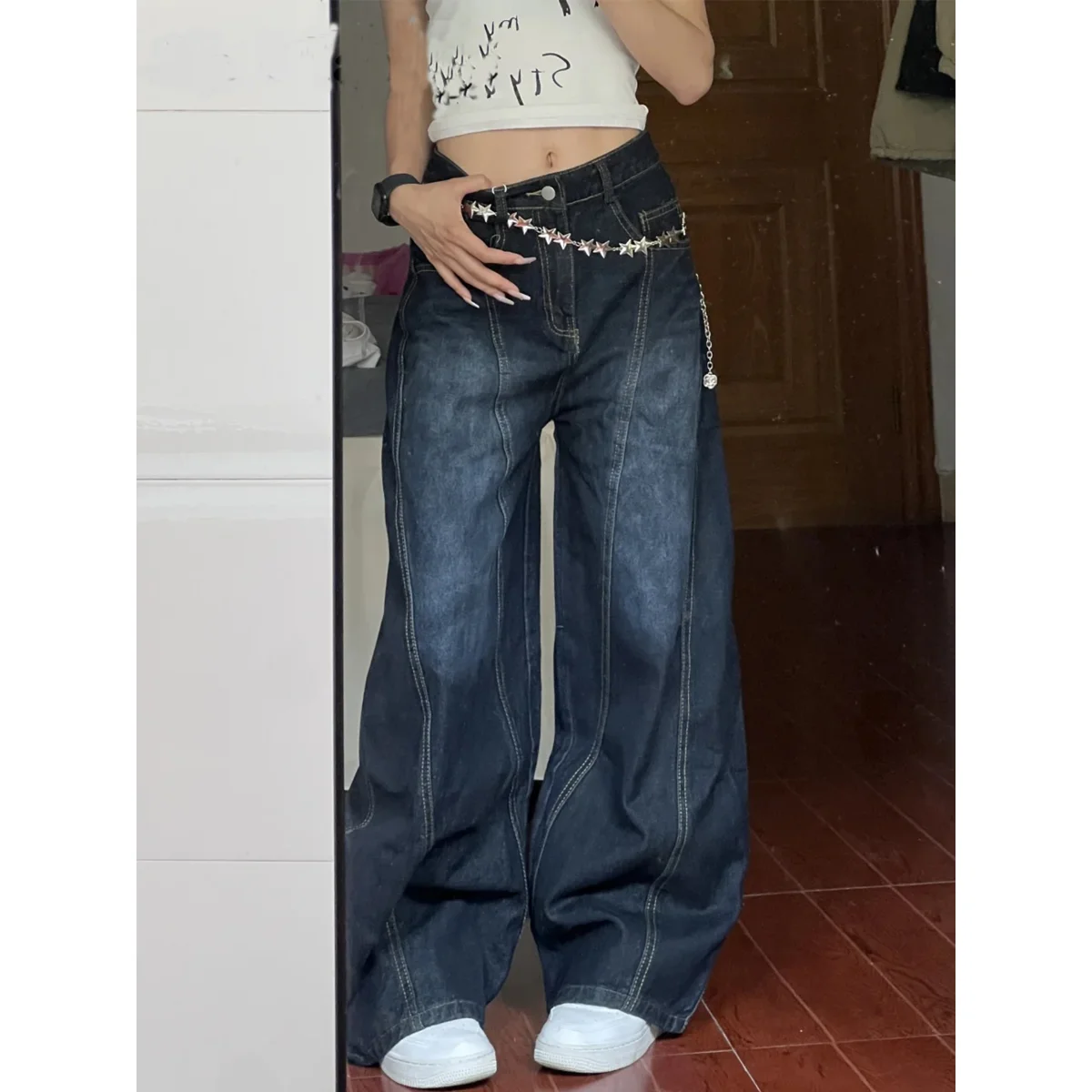 Jean faux à jambes larges brodé rétro américain pour femme, coupe ample, taille haute, pantalon Long, tendance, pour les déplacements