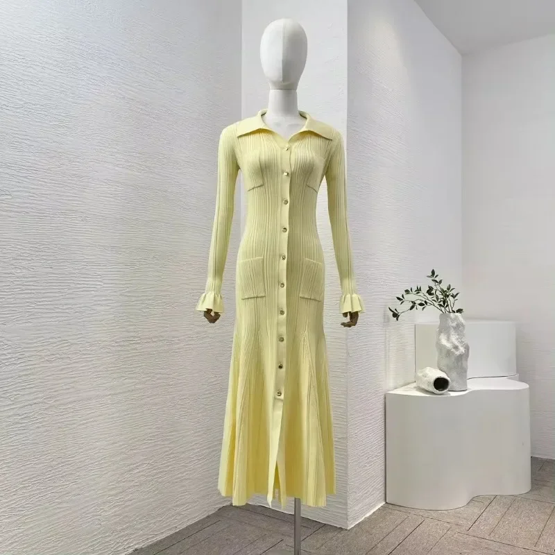 Women's Long Sleeve Midi Mermaid Dress Slim Fit Knitted Casual Sweet Office Lady Yellow Spring Summer New Top Quality 2024