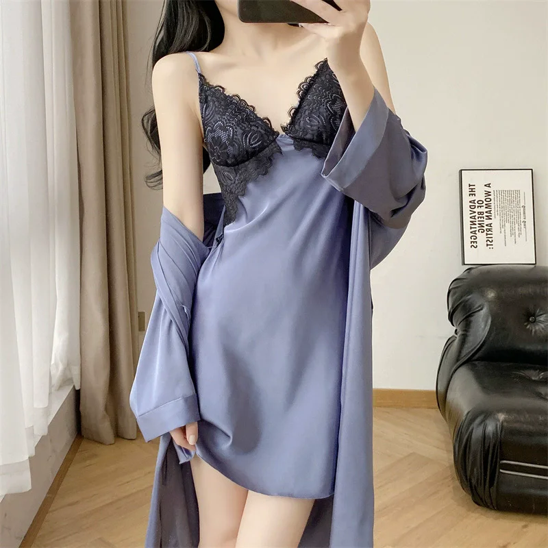 Sexy Lace Bathrobe Gown Suit Nightdress Summer New Female Nighty&Robe Set Nightgown Silky Satin Home Clothes Loungewear