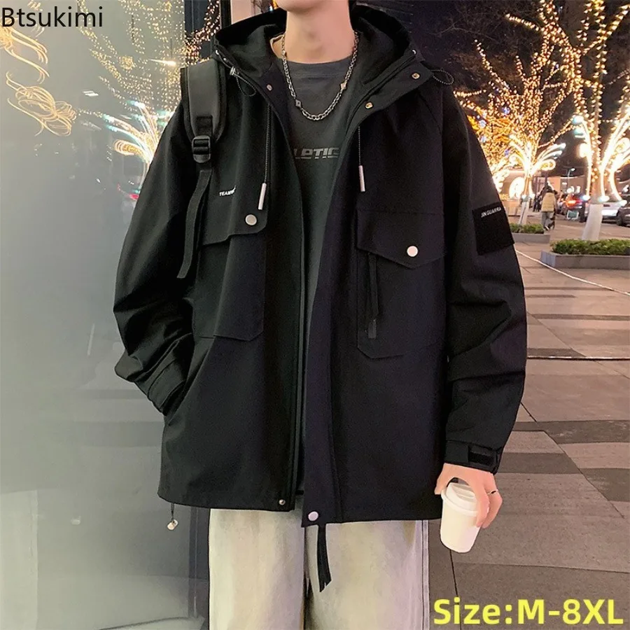

2025 New Spring Autumn Jackets for Men Fashion Couple Hooded Windbreaker Coats Multi-Pockets Outdoor Casual Jackets Big Size 8XL