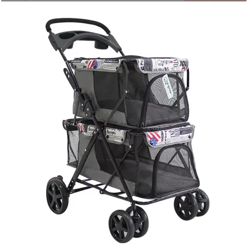 Outdoor Double Dog Stroller Foldable 4 Wheels Dog Pram Trolley 3 in 1 Twin Pet Stroller for Dog Cat