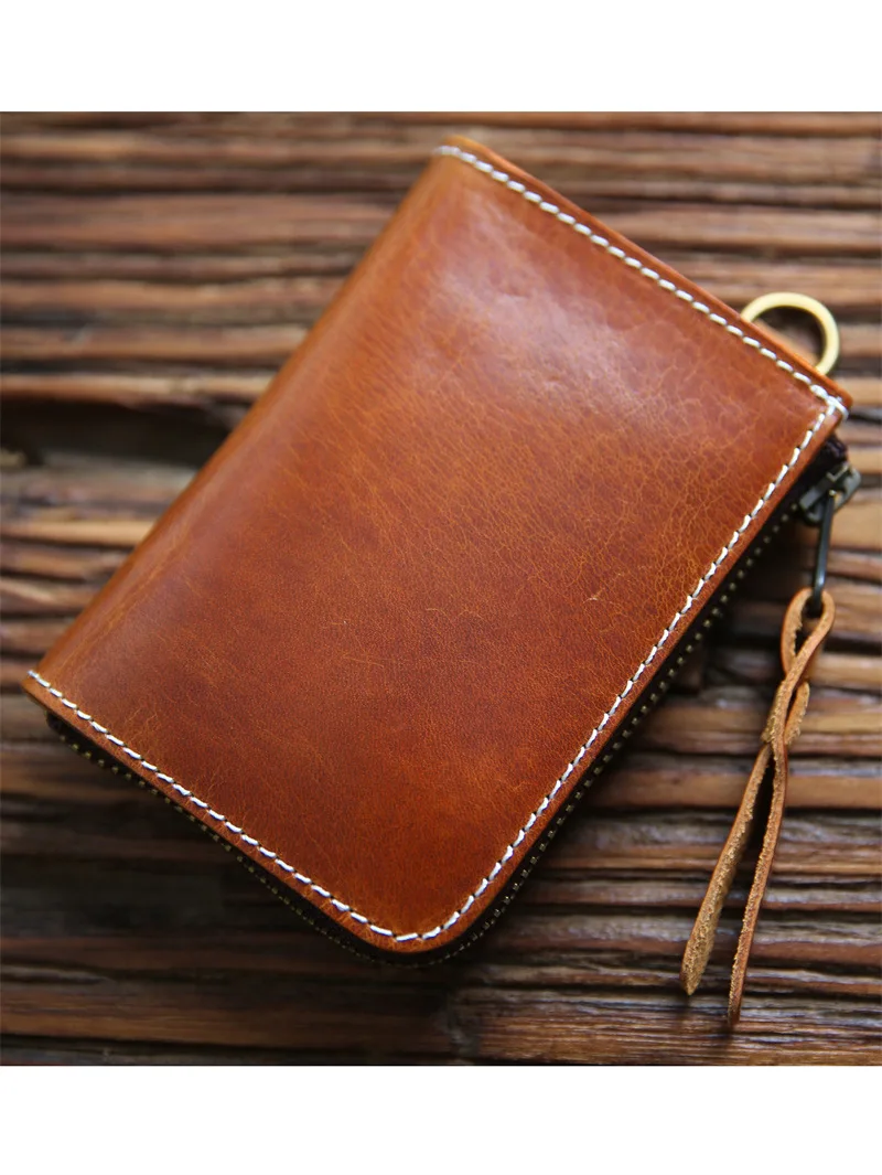 Handmade vintage first-layer cowhide men's wallet genuine leather short zipper vertical wallet driver's license card holder