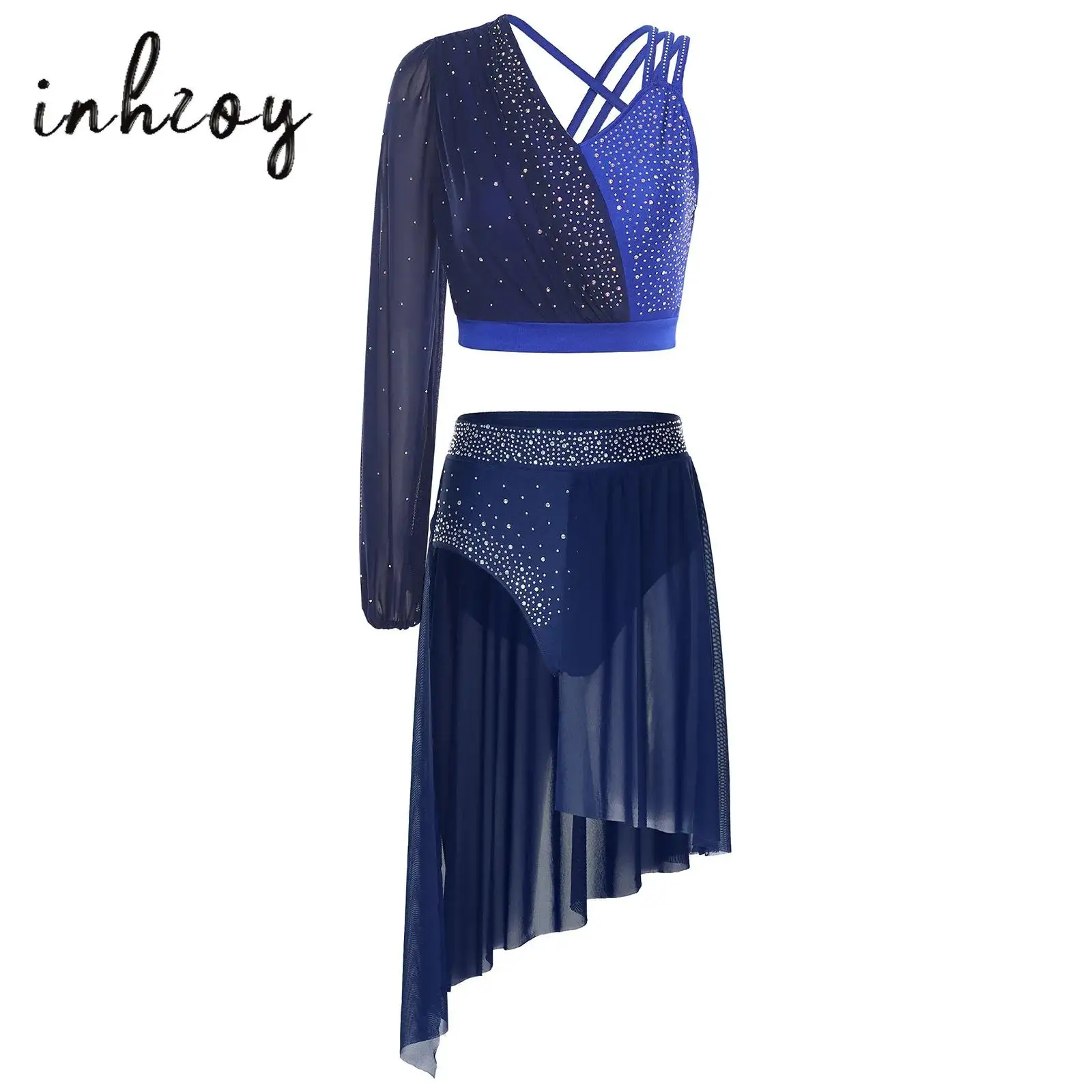

Womens Modern Lyrical Dance Outfit Shiny Rhinestone One Long Sleeve Strappy Back Crop Top+Irregular Hem Skirt for Ballet Dance