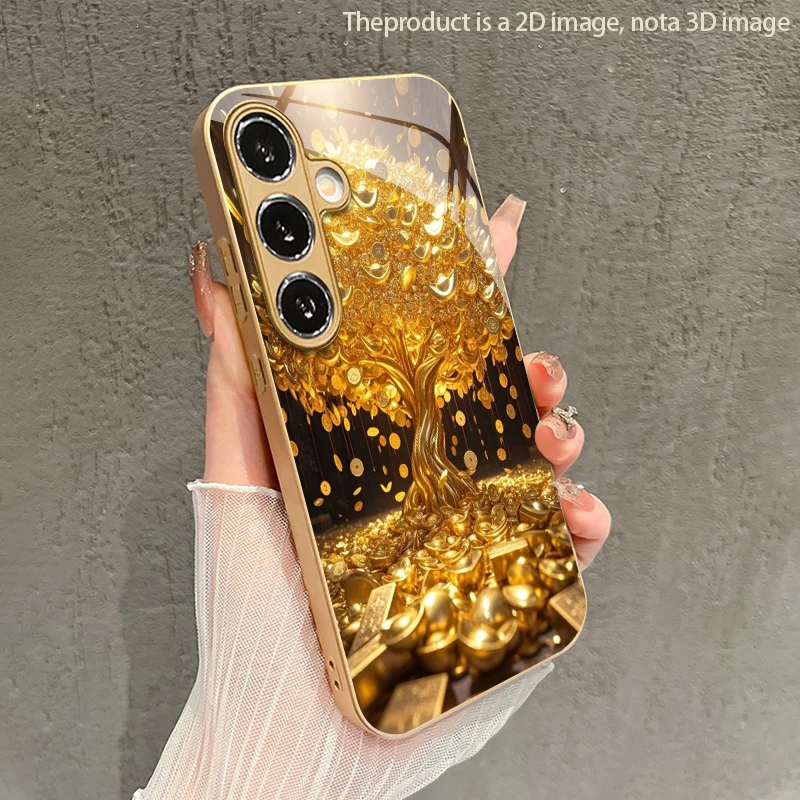 Yuanbao Money Tree Pattern 2D Phone Case for Samsung Galaxy S26/S25/S24/S23/S22/S21/S20 A56/A55/A36 Gold Glass Protective Cover