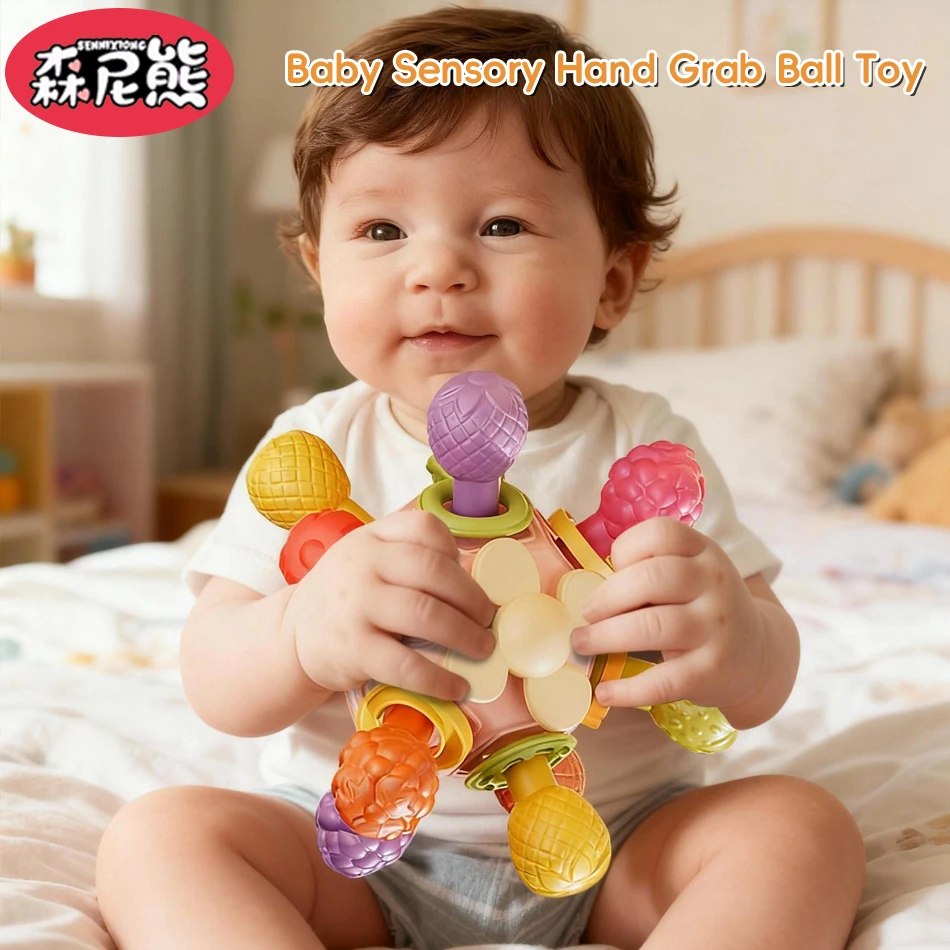 SENNIXIONG-mordedores masticables, Bola de agarre de Manhattan, bola redonda de mano, sonido de clic de silicona, juguete sensorial Montessori para niños pequeños