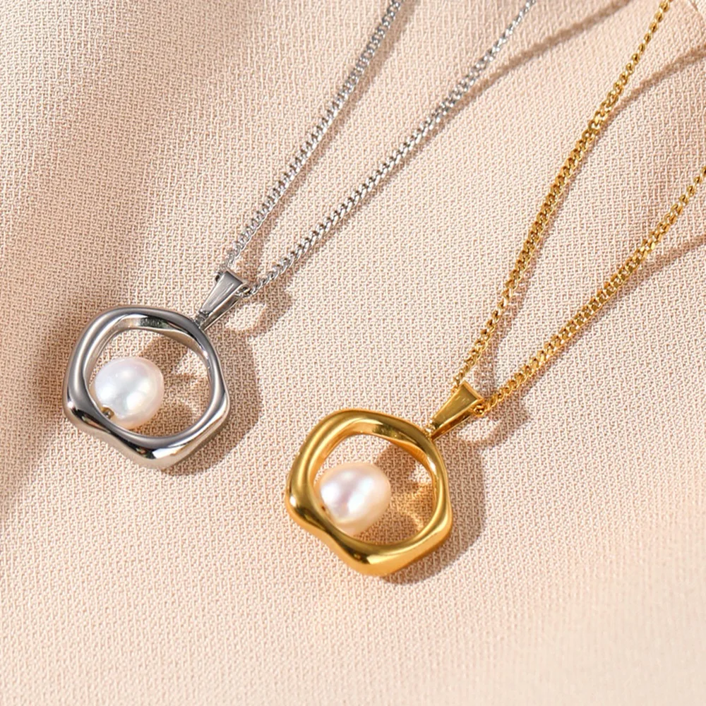 

WILD & FREE Trendy Gold Color Stainless Steel Chains Irregular Hollow Pearl Pendants Necklace For Women Korean Fashion Jewelry