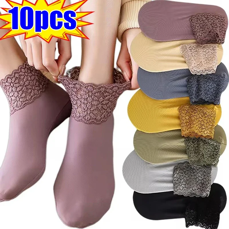 

5/1pairs Winter Women's Velvet Floor Socks Mid-tube Non-slip Cotton Sock Super Lace Short Sock Solid Color Breathable Boat Sock