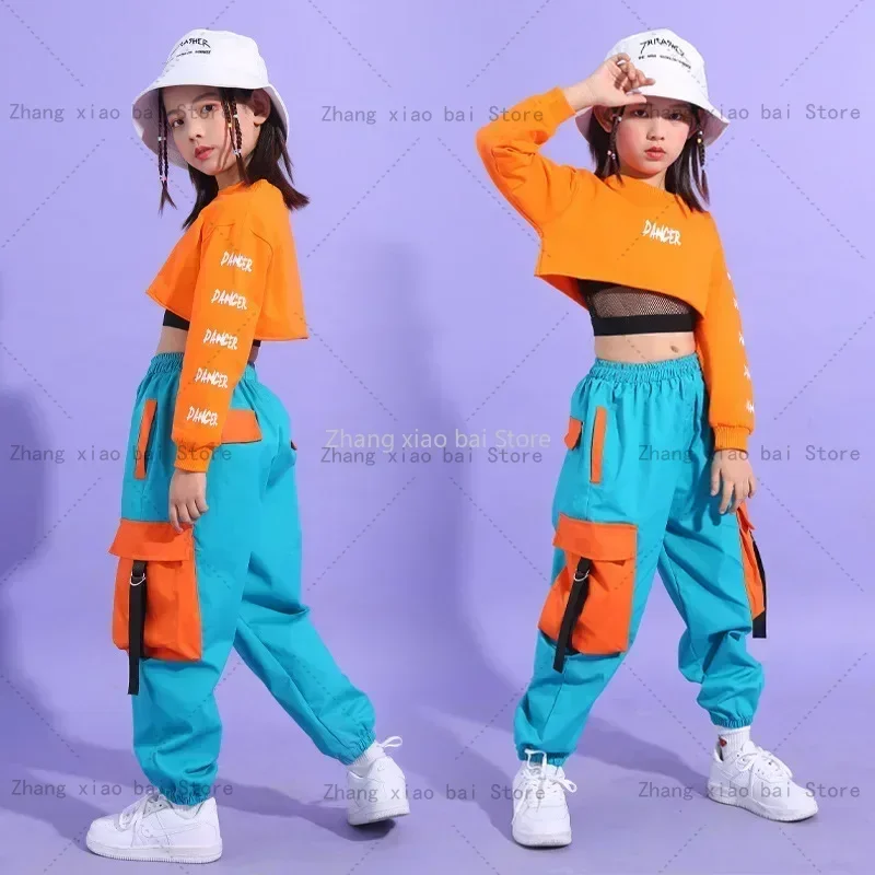 Hip Hop Girls Crop Top Contrast Cargo Pants Child Jazz Joggers Streetwear Sweatshirt Kids Street Dance Cheerleader Clothes Sets