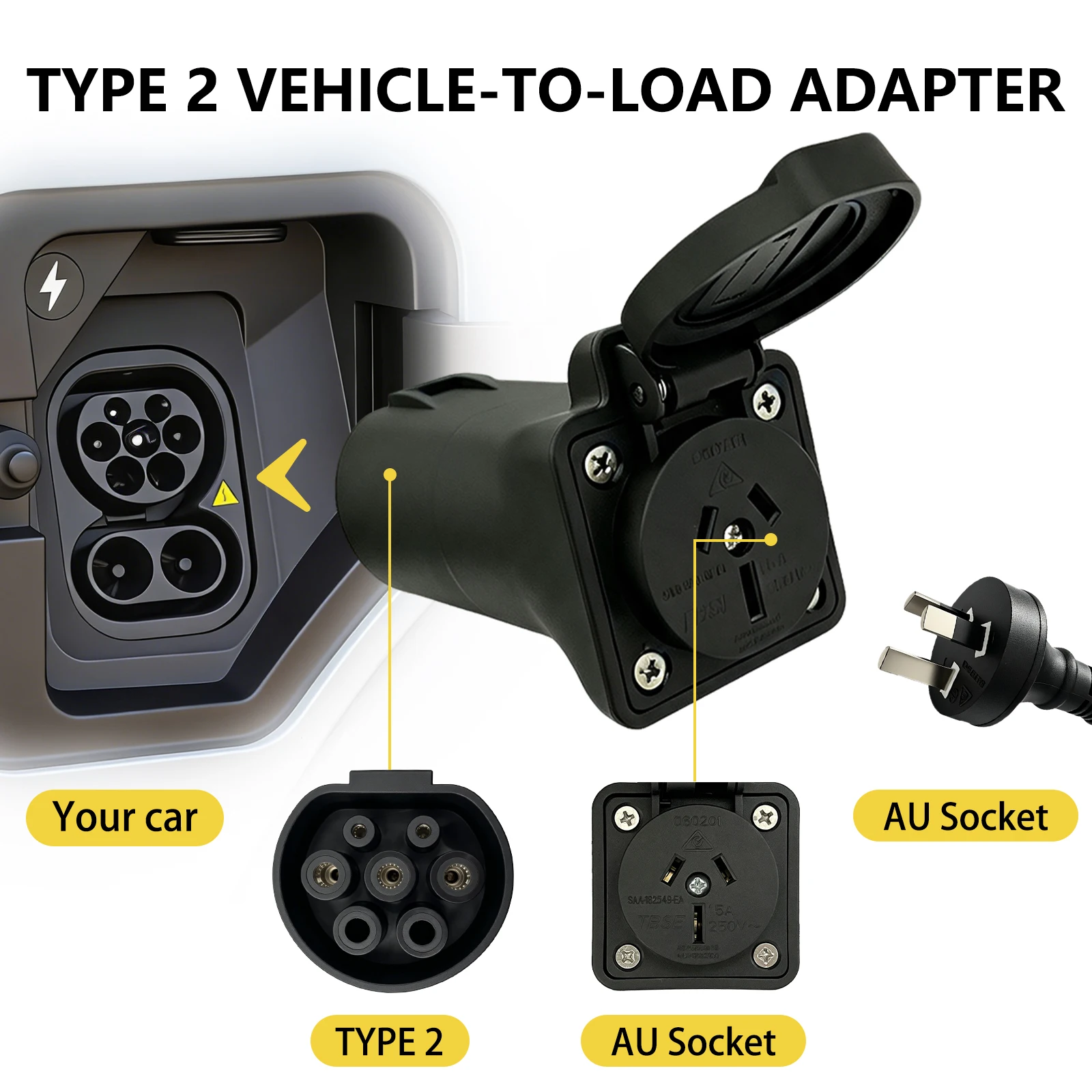 Type2 V2L Discharger Adapter Suitable BYD MG AION Geely Chery Jaecoo ZEEKR GWM LEAPMOTOR SMART Vehicle‑to‑Load Plug AU Socket EV