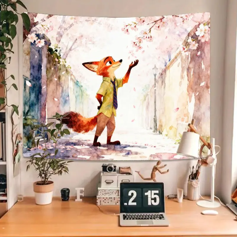 1 Buah Zootopia Nick Wilde Cherry Blossom Tapestry Estetika Cat Air Poliester Seni Dinding Dekorasi Rumah Hadiah untuk Penggemar