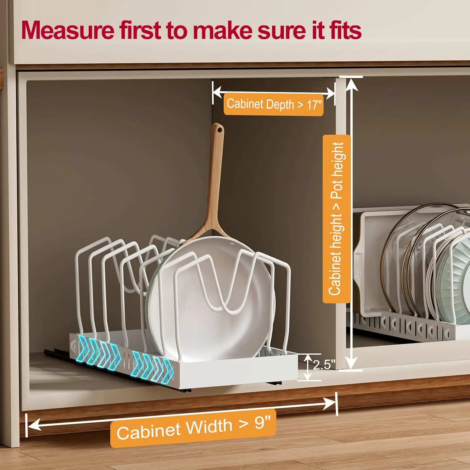 

Pull-out Pots and Pans Organizer 2 Pack - Under Cabinet Pot Lid Holder for Kitchen - Bakeware & Dishes Storage Rack