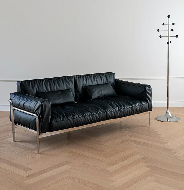 Sofa/black Napa thick cowhide/medieval Bauhaus Nordic minimalist straight row small apartment