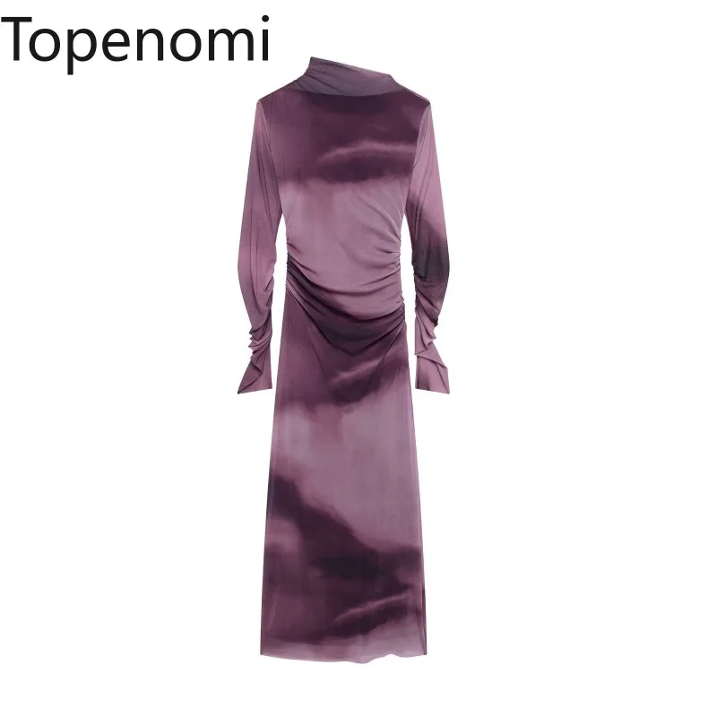 Topenomi Temperament Tie Dye Mesh Dresses Women 2024 Autumn Long Sleeve Folds Slim Waist A Line Evening Party Dress Sexy Robe